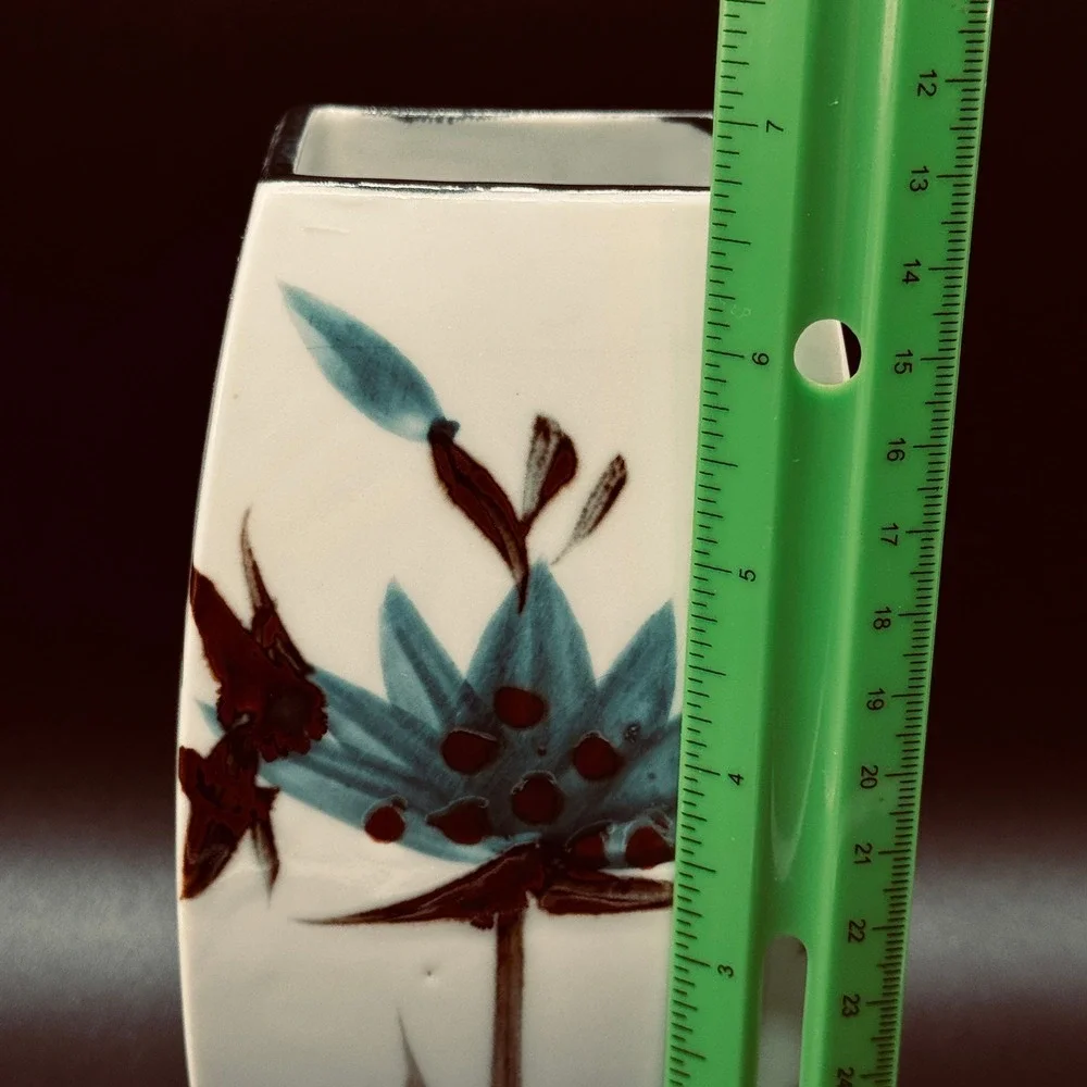 Vintage Napcoware Japan MCM Square Vase Turquoise Brown Floral Ceramic Botanical